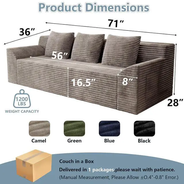 Alt view image 2 of 7 - 71"Cloud Loveseat Sofa,Modern 2-Seater Boneless Couch with 3Pillows & Side Pocket,Soft Corduroy Loveseat,Compressed Foam,Deep Seat,No Assembly for Living Room,Bedroom,Apartment(Tilted Armrest, Camel)