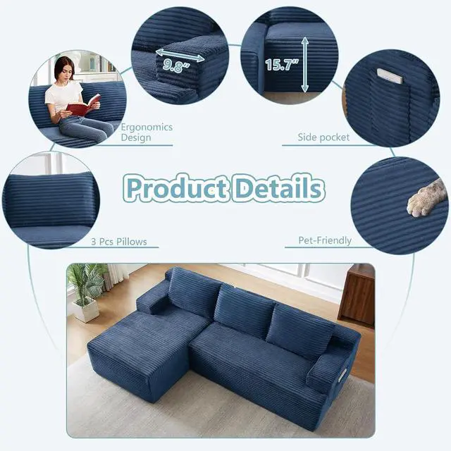 Alt view image 3 of 7 - 96" Cloud Sectional Couch with L-Shape Chaise, Modern Corduroy Boneless Couch for Living Room,Memory Foam Sofa with Deep Seat,No Assembly Required (Blue,Left-Facing Chaise)