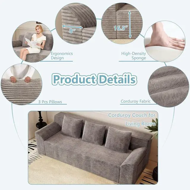 Alt view image 4 of 7 - 71"Cloud Loveseat Sofa,Modern 2-Seater Boneless Couch with 3Pillows & Side Pocket,Soft Corduroy Loveseat,Compressed Foam,Deep Seat,No Assembly for Living Room,Bedroom,Apartment(Tilted Armrest, Camel)