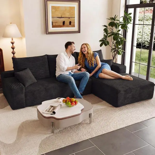 Main image of 95" Cloud Sectional Couch with L-Shape Chaise, Modern Corduroy Boneless Couch for Living Room,Memory Foam Sofa with Deep Seat,No Assembly Required (Black,Right-Facing Chaise)