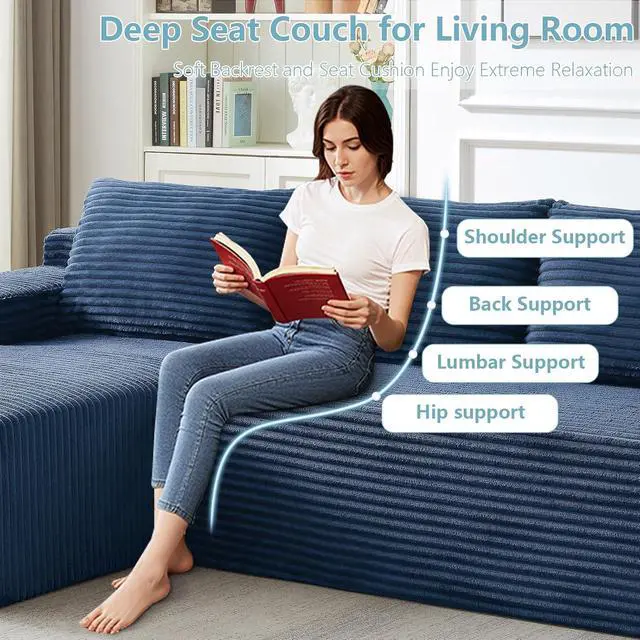 Alt view image 7 of 7 - 96" Cloud Sectional Couch with L-Shape Chaise, Modern Corduroy Boneless Couch for Living Room,Memory Foam Sofa with Deep Seat,No Assembly Required (Blue,Left-Facing Chaise)