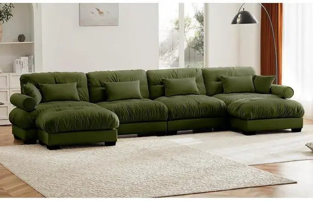 Alt view image 3 of 6 - 166" Modular Sectional Sofa with 2 Ottomans,Oversized 4-Seater Couch with Waist & Throw Pillows,Comfy Velvet Deep Seat Upholstered Sofa for Living Room,Apartment(Olive Green,4-Seater with 2 Ottomans)