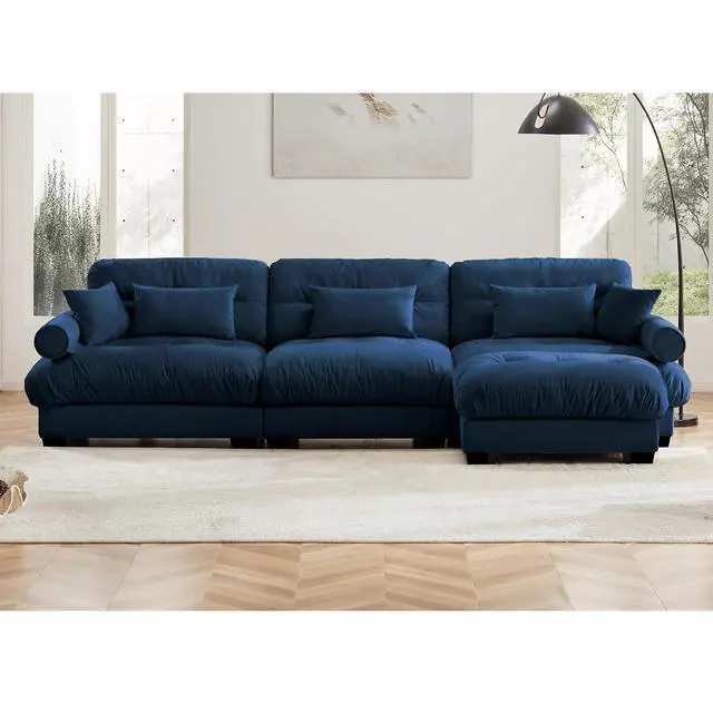 Alt view image 3 of 6 - 130" W Modular Sectional Sofa with Ottoman, Oversized 3-Seater Couch with Waist & Throw Pillows, Comfy Velvet Deep Seat Upholstered Sofa for Living Room, Apartment(Blue,3-Seater with Ottoman)
