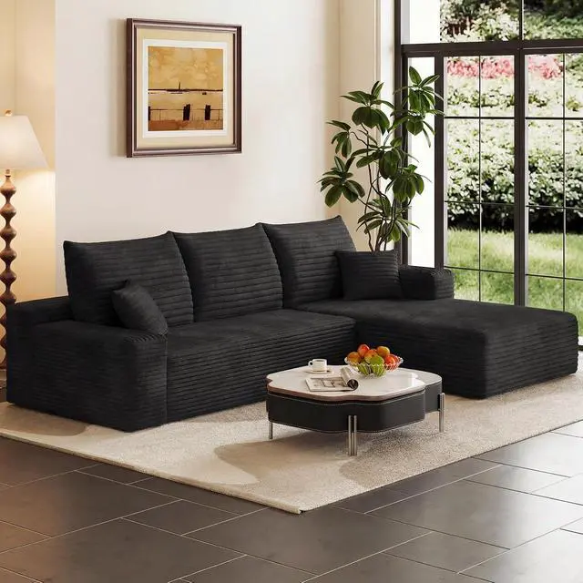 Alt view image 3 of 7 - 95" Cloud Sectional Couch with L-Shape Chaise, Modern Corduroy Boneless Couch for Living Room,Memory Foam Sofa with Deep Seat,No Assembly Required (Black,Right-Facing Chaise)