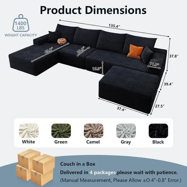 Alt view image 2 of 7 - 136" U Shaped Cloud Sectional Couch with Fluffy Corduroy, Deep Memory Foam Seats Sofa with 1 Ottoman for Living Room, No Assembly Required(Black,Left-Facing Chaise)