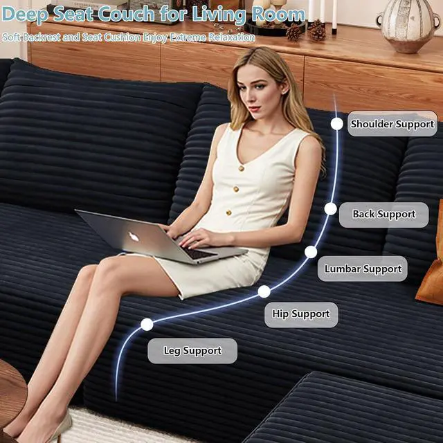 Alt view image 6 of 7 - 136" U Shaped Cloud Sectional Couch with Fluffy Corduroy, Deep Memory Foam Seats Sofa with 1 Ottoman for Living Room, No Assembly Required(Black,Left-Facing Chaise)