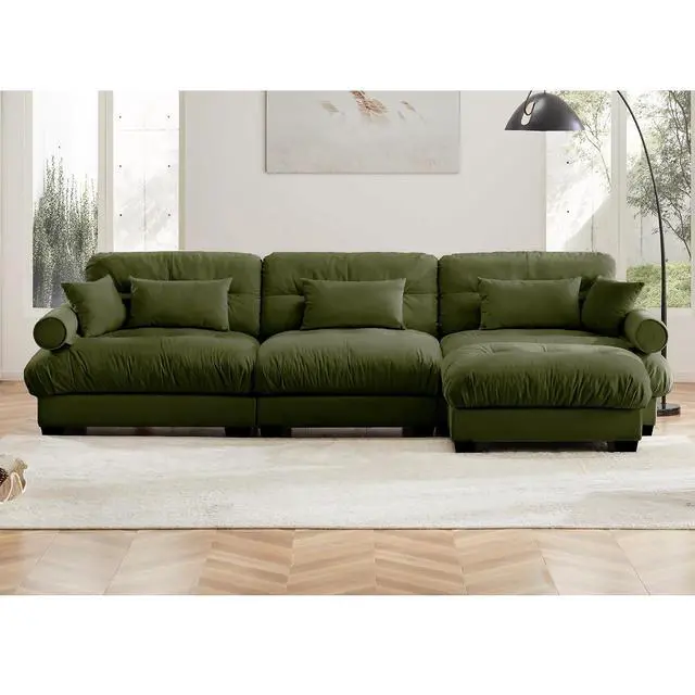 Alt view image 3 of 6 - 130"W Modular Sectional Sofa with Ottoman, Oversized 3-Seater Couch with Waist & Throw Pillows,Comfy Velvet Deep Seat Upholstered Sofa for Living Room,Apartment(Olive Green,3-Seater with Ottoman)