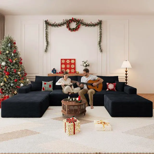 Alt view image 3 of 7 - 136" U Shaped Cloud Sectional Couch with Fluffy Corduroy, Deep Memory Foam Seats Sofa with 1 Ottoman for Living Room, No Assembly Required(Black,Left-Facing Chaise)