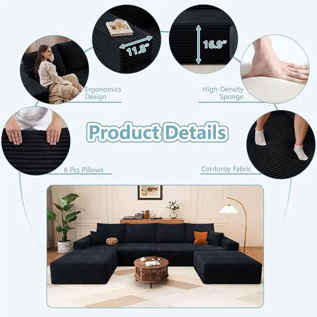 Alt view image 4 of 7 - 136" U Shaped Cloud Sectional Couch with Fluffy Corduroy, Deep Memory Foam Seats Sofa with 1 Ottoman for Living Room, No Assembly Required(Black,Left-Facing Chaise)