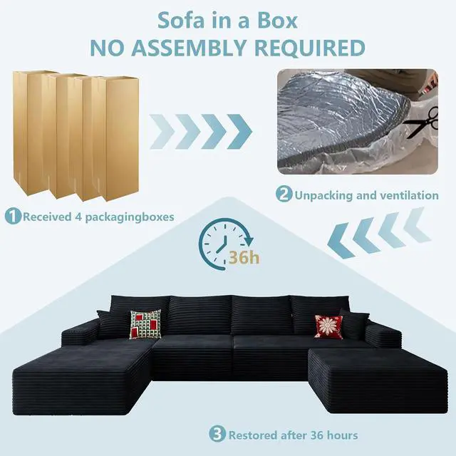 Alt view image 7 of 7 - 136" U Shaped Cloud Sectional Couch with Fluffy Corduroy, Deep Memory Foam Seats Sofa with 1 Ottoman for Living Room, No Assembly Required(Black,Left-Facing Chaise)