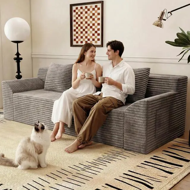 Alt view image 5 of 7 - 71"Cloud Loveseat Sofa,Modern 2-Seater Boneless Couch with 3Pillows & Side Pocket,Soft Corduroy Loveseat,Compressed Foam,Deep Seat,No Assembly for Living Room,Bedroom,Apartment(Tilted Armrest, Camel)