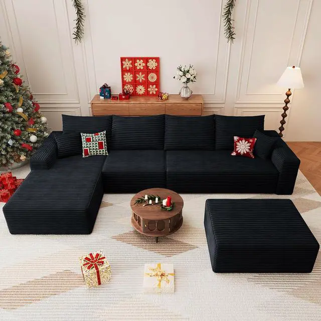Alt view image 5 of 7 - 136" U Shaped Cloud Sectional Couch with Fluffy Corduroy, Deep Memory Foam Seats Sofa with 1 Ottoman for Living Room, No Assembly Required(Black,Left-Facing Chaise)