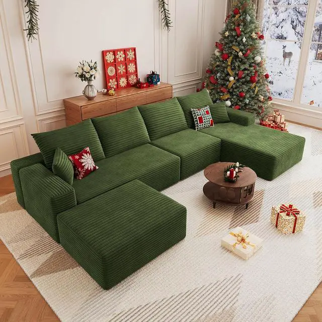 Main image of 136" U Shaped Cloud Sectional Couch with Fluffy Corduroy, Deep Memory Foam Seats Sofa with 1 Ottoman for Living Room, No Assembly Required(Green,Right-Facing Chaise)