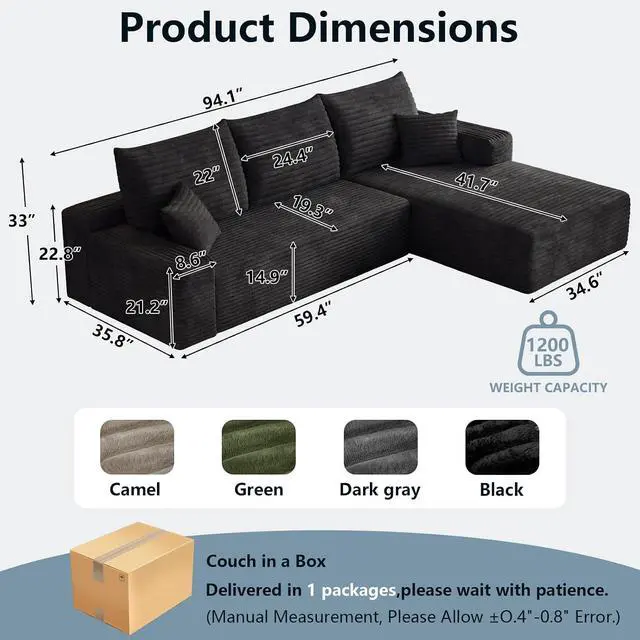 Alt view image 2 of 7 - 95" Cloud Sectional Couch with L-Shape Chaise, Modern Corduroy Boneless Couch for Living Room,Memory Foam Sofa with Deep Seat,No Assembly Required (Black,Right-Facing Chaise)