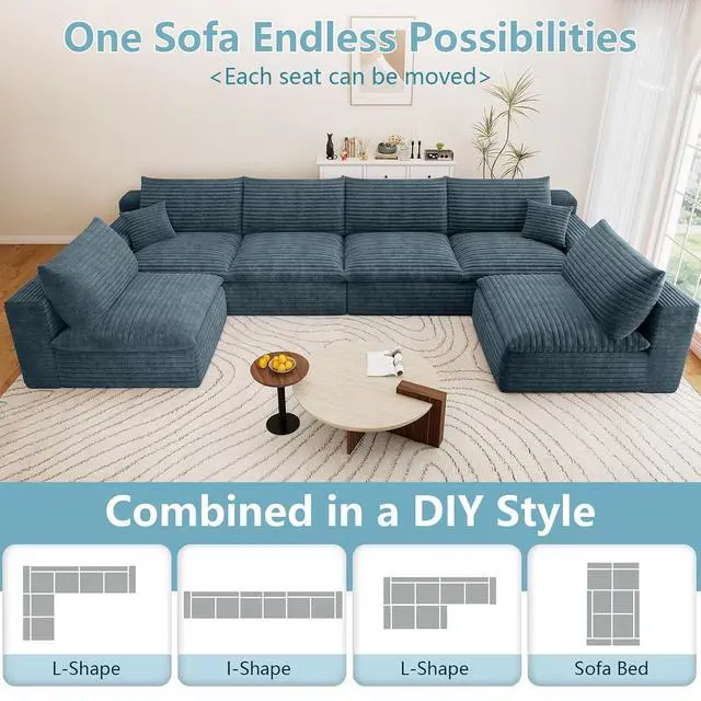 Alt view image 5 of 7 - 136" Oversized Cloud Sectional Couch with U-Shaped Chaise,6-Seater Corduroy Viral Boneless Sofa,Memory Foam Couches in a Box with Deep Seat for Living Room,No Assembly Required, Blue