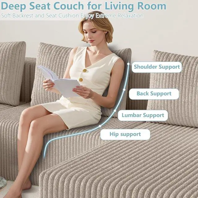 Alt view image 6 of 7 - 107" W Cloud Sectional Couch,Modern U-Shaped Cloud Couch with Deep Seat,Comfy Corduroy 3-Seater Sofa,Memory Foam Sofa for Living Room,No Assembly (Light Camel)