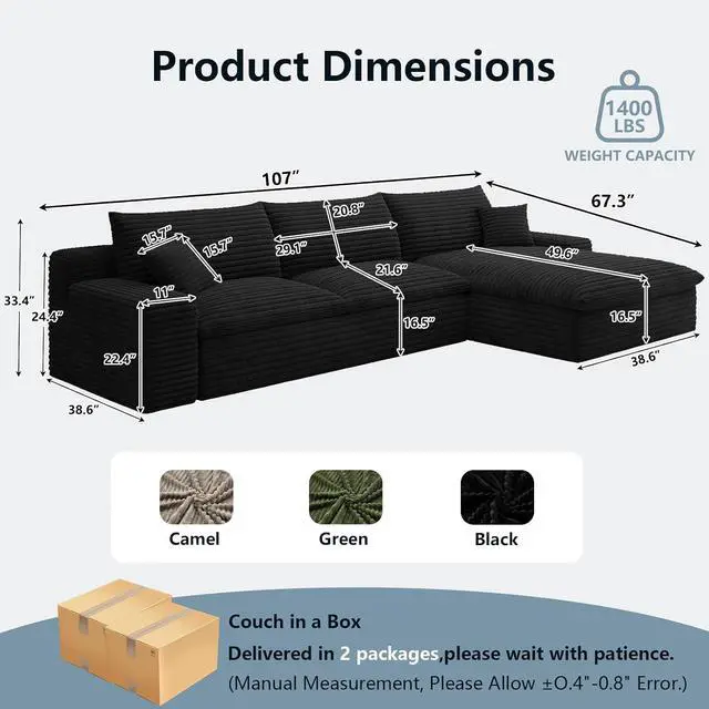 Alt view image 2 of 7 - 107" Cloud Sectional Couch with L-Shape Chaise, Modern Corduroy Viral Boneless Sofa for Living Room,Memory Foam Couches in a Box with Deep Seat,No Assembly Required (Jet Black,Right-Facing Chaise)