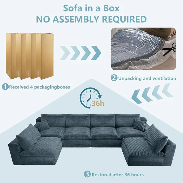 Alt view image 7 of 7 - 136" Oversized Cloud Sectional Couch with U-Shaped Chaise,6-Seater Corduroy Viral Boneless Sofa,Memory Foam Couches in a Box with Deep Seat for Living Room,No Assembly Required, Blue