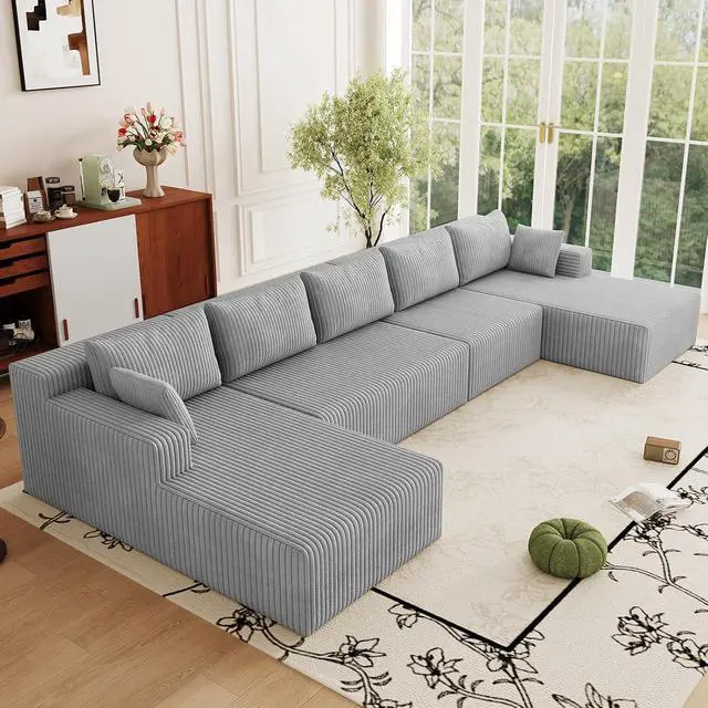 Alt view image 2 of 7 - 160" Cloud Sectional Couch,Modern U-Shaped Cloud Couch with Deep Seat,Comfy Corduroy 5-Seater Sofa,Memory Foam Sofa for Living Room,No Assembly (Light Grey)