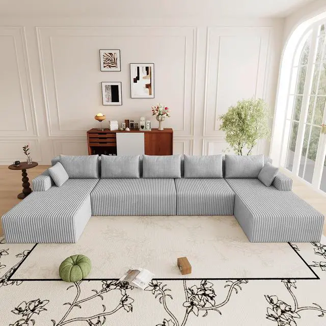 Alt view image 7 of 7 - 160" Cloud Sectional Couch,Modern U-Shaped Cloud Couch with Deep Seat,Comfy Corduroy 5-Seater Sofa,Memory Foam Sofa for Living Room,No Assembly (Light Grey)