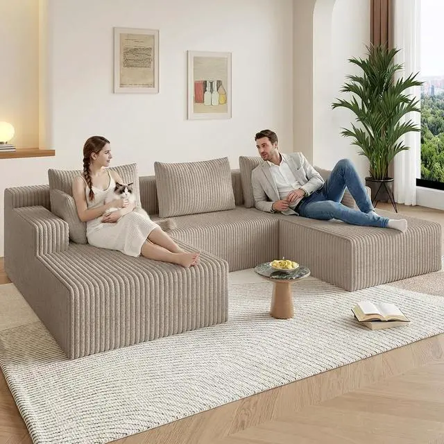 Alt view image 7 of 7 - 107" W Cloud Sectional Couch,Modern U-Shaped Cloud Couch with Deep Seat,Comfy Corduroy 3-Seater Sofa,Memory Foam Sofa for Living Room,No Assembly (Light Camel)