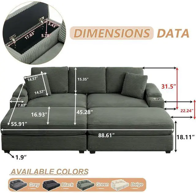 Alt view image 2 of 7 - 86.61'' Oversized Double Chaise Lounge Chair Indoor with Ottoman & Armrest Storage, Comfy Corduroy Reclining Chair with Cup Holder & USB Port, Lazy Sleeper Sofa for Living Room and Bedroom (Green)