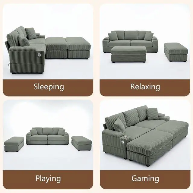 Alt view image 3 of 7 - 86.61'' Oversized Double Chaise Lounge Chair Indoor with Ottoman & Armrest Storage, Comfy Corduroy Reclining Chair with Cup Holder & USB Port, Lazy Sleeper Sofa for Living Room and Bedroom (Green)