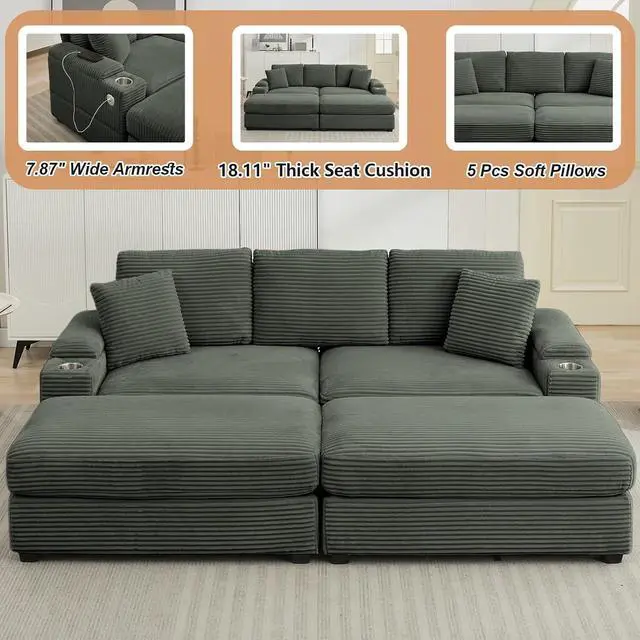Alt view image 5 of 7 - 86.61'' Oversized Double Chaise Lounge Chair Indoor with Ottoman & Armrest Storage, Comfy Corduroy Reclining Chair with Cup Holder & USB Port, Lazy Sleeper Sofa for Living Room and Bedroom (Green)