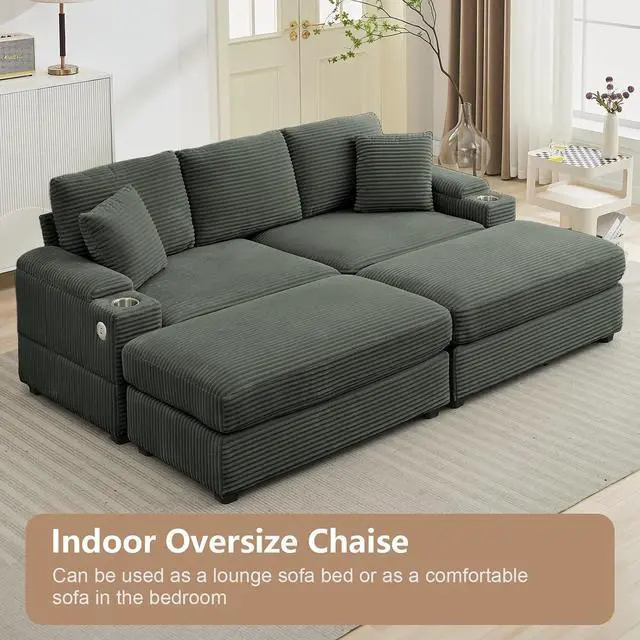 Alt view image 6 of 7 - 86.61'' Oversized Double Chaise Lounge Chair Indoor with Ottoman & Armrest Storage, Comfy Corduroy Reclining Chair with Cup Holder & USB Port, Lazy Sleeper Sofa for Living Room and Bedroom (Green)