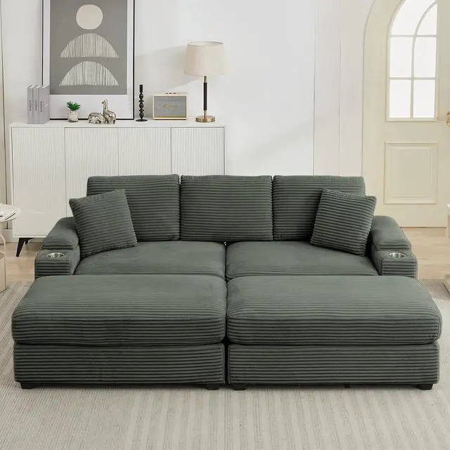Alt view image 7 of 7 - 86.61'' Oversized Double Chaise Lounge Chair Indoor with Ottoman & Armrest Storage, Comfy Corduroy Reclining Chair with Cup Holder & USB Port, Lazy Sleeper Sofa for Living Room and Bedroom (Green)