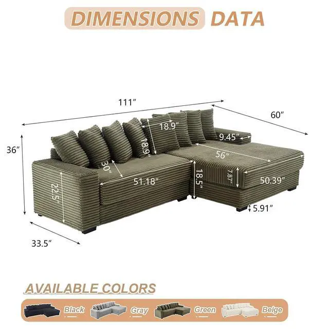 Alt view image 2 of 6 - 111" W Modular Sectional Sofa with 8 Pillows, Comfy Corduroy Cloud Couch with Chaise, L-Shaped Modern 3-Seater Sofa for Living Room or Apartment (Green, Right-Facing Chaise)