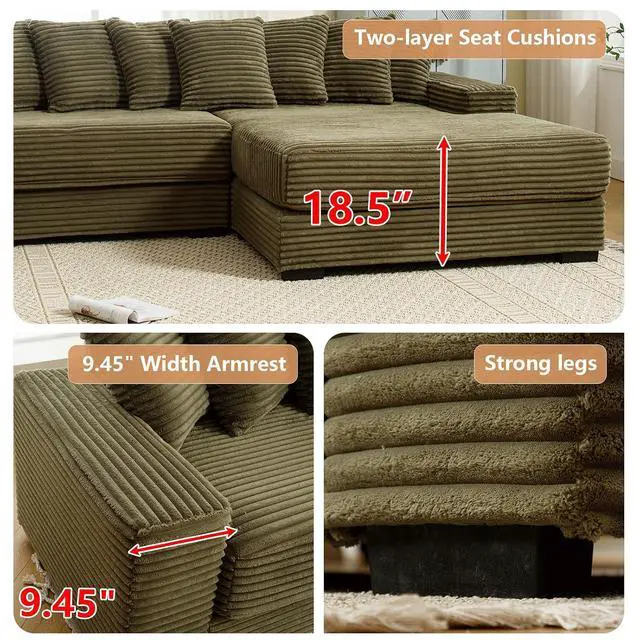 Alt view image 4 of 6 - 111" W Modular Sectional Sofa with 8 Pillows, Comfy Corduroy Cloud Couch with Chaise, L-Shaped Modern 3-Seater Sofa for Living Room or Apartment (Green, Right-Facing Chaise)