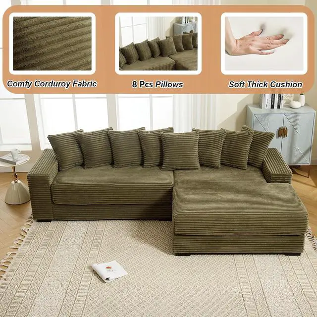 Alt view image 3 of 6 - 111" W Modular Sectional Sofa with 8 Pillows, Comfy Corduroy Cloud Couch with Chaise, L-Shaped Modern 3-Seater Sofa for Living Room or Apartment (Green, Right-Facing Chaise)