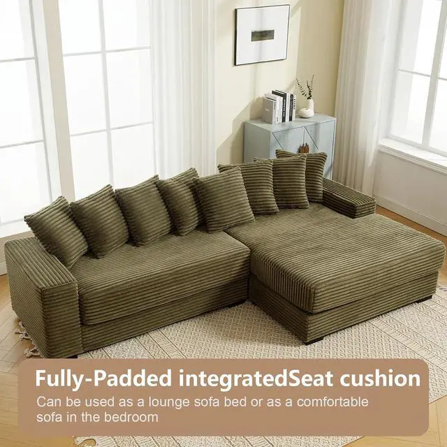 Alt view image 6 of 6 - 111" W Modular Sectional Sofa with 8 Pillows, Comfy Corduroy Cloud Couch with Chaise, L-Shaped Modern 3-Seater Sofa for Living Room or Apartment (Green, Right-Facing Chaise)