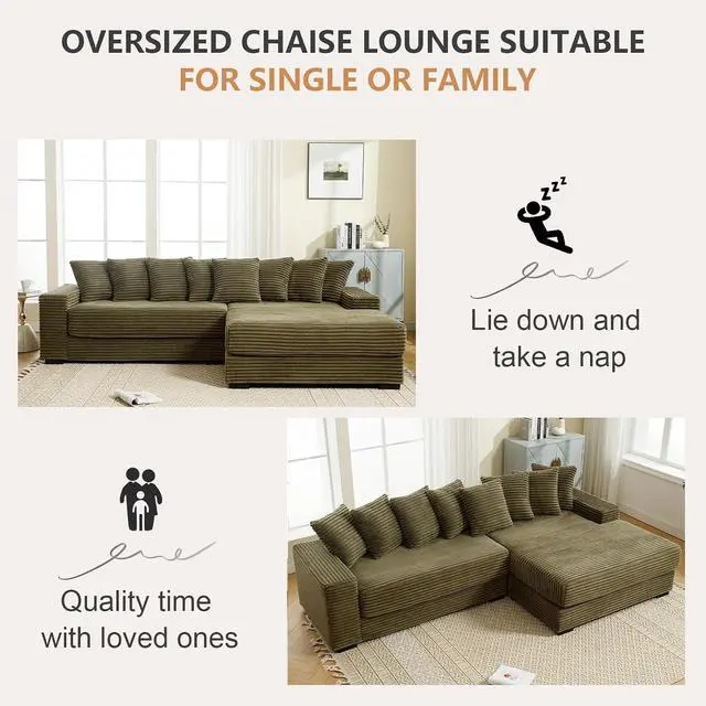 Alt view image 5 of 6 - 111" W Modular Sectional Sofa with 8 Pillows, Comfy Corduroy Cloud Couch with Chaise, L-Shaped Modern 3-Seater Sofa for Living Room or Apartment (Green, Right-Facing Chaise)