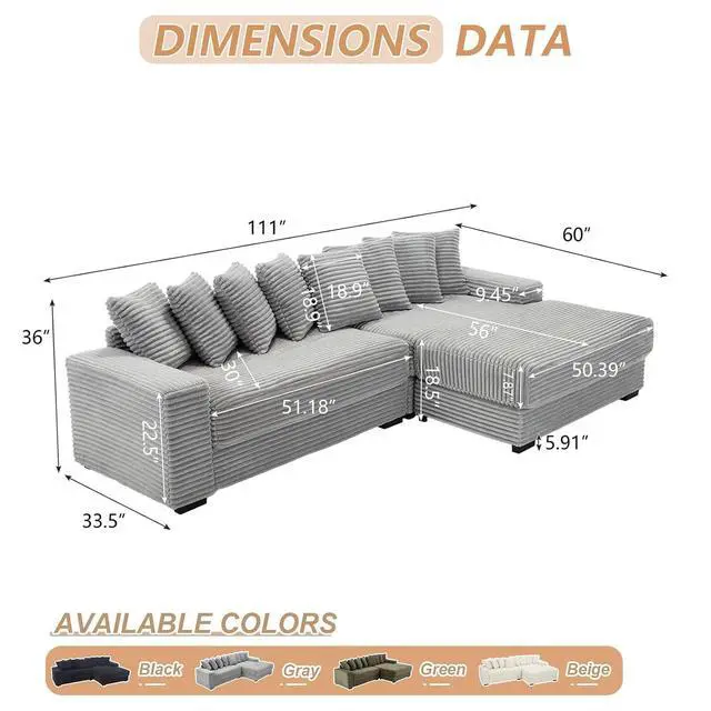 Alt view image 2 of 6 - 111" W Modular Sectional Sofa with 8 Pillows, Comfy Corduroy Cloud Couch with Chaise, L-Shaped Modern 3-Seater Sofa for Living Room or Apartment (Grey, Right-Facing Chaise)