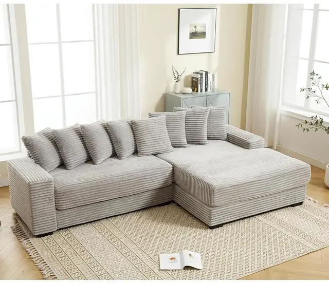 Main image of 111" W Modular Sectional Sofa with 8 Pillows, Comfy Corduroy Cloud Couch with Chaise, L-Shaped Modern 3-Seater Sofa for Living Room or Apartment (Grey, Right-Facing Chaise)