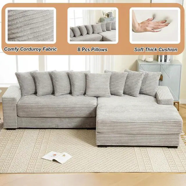 Alt view image 3 of 6 - 111" W Modular Sectional Sofa with 8 Pillows, Comfy Corduroy Cloud Couch with Chaise, L-Shaped Modern 3-Seater Sofa for Living Room or Apartment (Grey, Right-Facing Chaise)