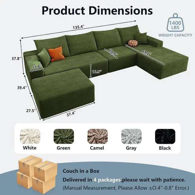 Alt view image 2 of 7 - 136" U Shaped Cloud Sectional Couch with Fluffy Corduroy, Deep Memory Foam Seats Sofa with 1 Ottoman for Living Room, No Assembly Required(Green,Right-Facing Chaise)