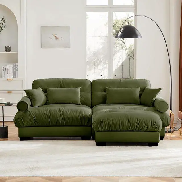 Alt view image 3 of 6 - 93.7" Oversized Loveseat Sofa with Ottoman, Modern Velvet 2-Seat Couch with Waist & Throw Pillows, Upholstered Deep Seat Cloud Couch for Living Room, Bedroom (Olive Green,2 Seater with Ottoman)