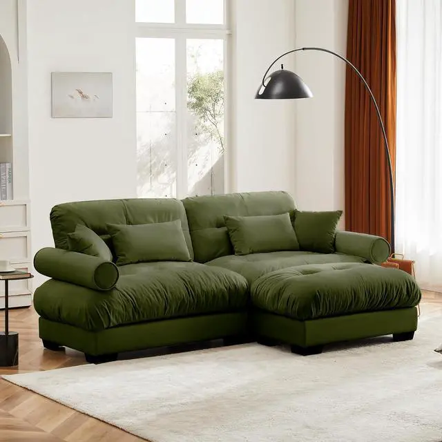 Alt view image 6 of 6 - 93.7" Oversized Loveseat Sofa with Ottoman, Modern Velvet 2-Seat Couch with Waist & Throw Pillows, Upholstered Deep Seat Cloud Couch for Living Room, Bedroom (Olive Green,2 Seater with Ottoman)
