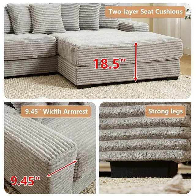 Alt view image 4 of 6 - 111" W Modular Sectional Sofa with 8 Pillows, Comfy Corduroy Cloud Couch with Chaise, L-Shaped Modern 3-Seater Sofa for Living Room or Apartment (Grey, Right-Facing Chaise)