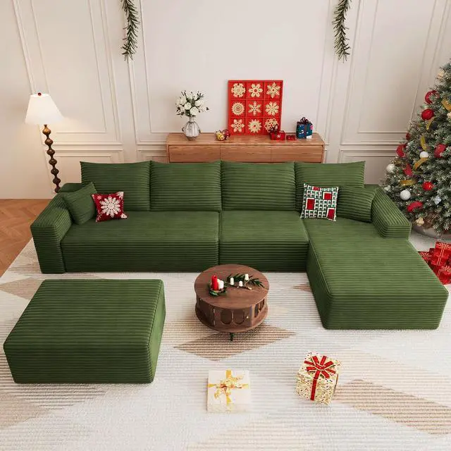 Alt view image 5 of 7 - 136" U Shaped Cloud Sectional Couch with Fluffy Corduroy, Deep Memory Foam Seats Sofa with 1 Ottoman for Living Room, No Assembly Required(Green,Right-Facing Chaise)