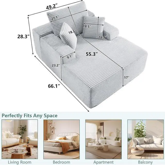 Alt view image 2 of 7 - 50"Oversized Chaise Lounge Chair Indoor,Corduroy Boneless Reading Chair with 3 Pillows,Deep Seat Cloud Sofa Bed,Comfy Modern Sleeper Chairs in Box for Living Room Bedroom,No Assembly(Light Grey)