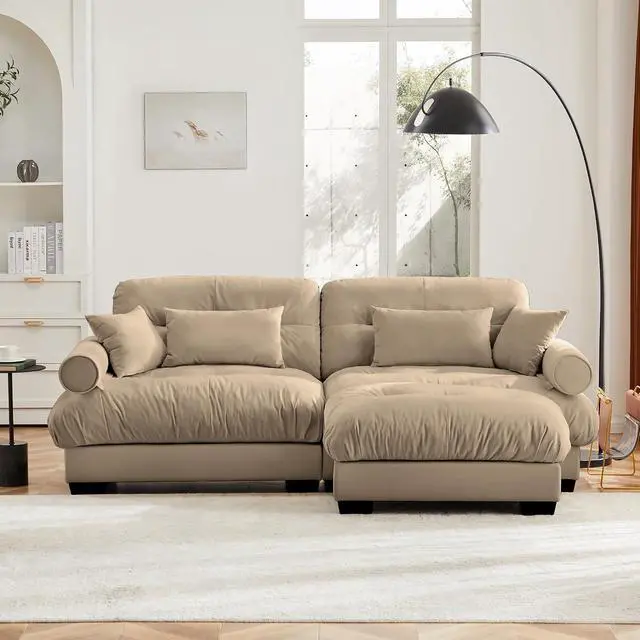 Alt view image 3 of 6 - 93.7" Oversized Loveseat Sofa with Ottoman, Modern Velvet 2-Seat Couch with Waist & Throw Pillows, Upholstered Deep Seat Cloud Couch for Living Room, Bedroom & Office (Camel,2 Seater with Ottoman)