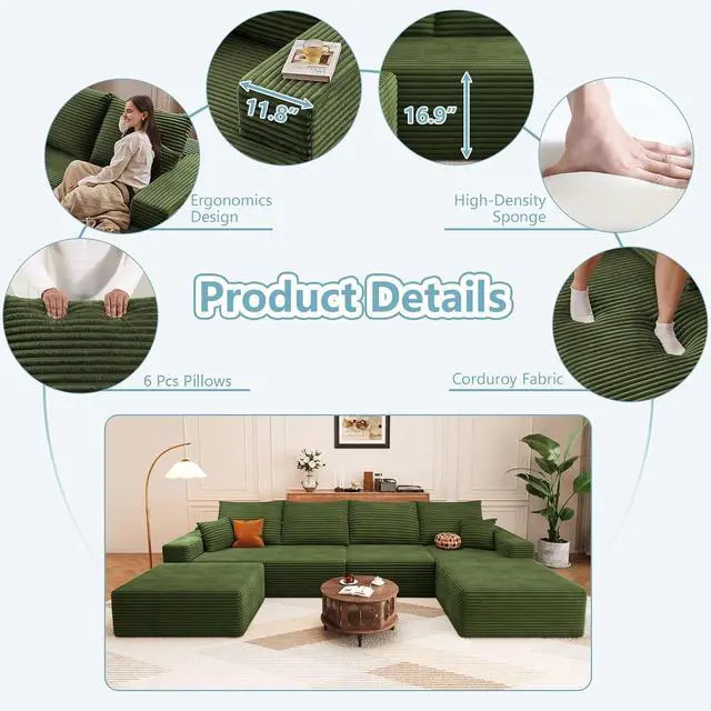Alt view image 4 of 7 - 136" U Shaped Cloud Sectional Couch with Fluffy Corduroy, Deep Memory Foam Seats Sofa with 1 Ottoman for Living Room, No Assembly Required(Green,Right-Facing Chaise)