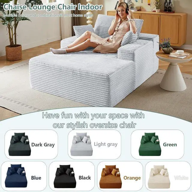 Alt view image 5 of 7 - 50"Oversized Chaise Lounge Chair Indoor,Corduroy Boneless Reading Chair with 3 Pillows,Deep Seat Cloud Sofa Bed,Comfy Modern Sleeper Chairs in Box for Living Room Bedroom,No Assembly(Light Grey)