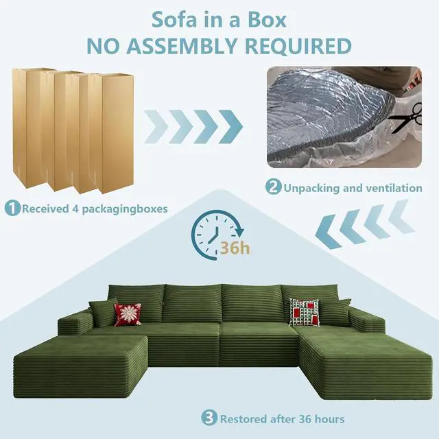 Alt view image 7 of 7 - 136" U Shaped Cloud Sectional Couch with Fluffy Corduroy, Deep Memory Foam Seats Sofa with 1 Ottoman for Living Room, No Assembly Required(Green,Right-Facing Chaise)