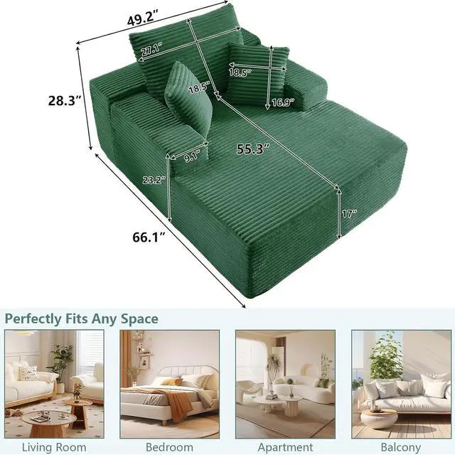 Alt view image 2 of 7 - 50" Oversized Chaise Lounge Chair Indoor,Corduroy Boneless Reading Chair with 3 Pillows,Deep Seat Cloud Sofa Bed,Comfy Modern Sleeper Chairs in Box for Living Room Bedroom,No Assembly(Green)