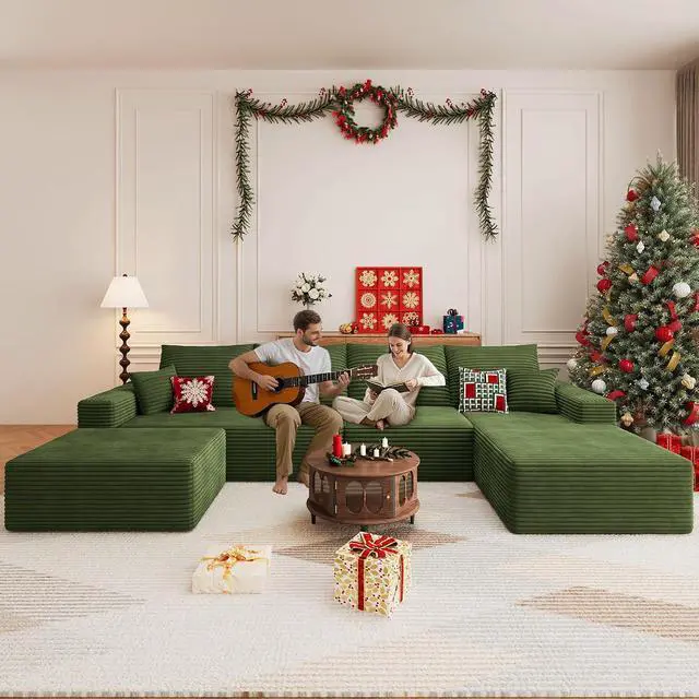 Alt view image 3 of 7 - 136" U Shaped Cloud Sectional Couch with Fluffy Corduroy, Deep Memory Foam Seats Sofa with 1 Ottoman for Living Room, No Assembly Required(Green,Right-Facing Chaise)